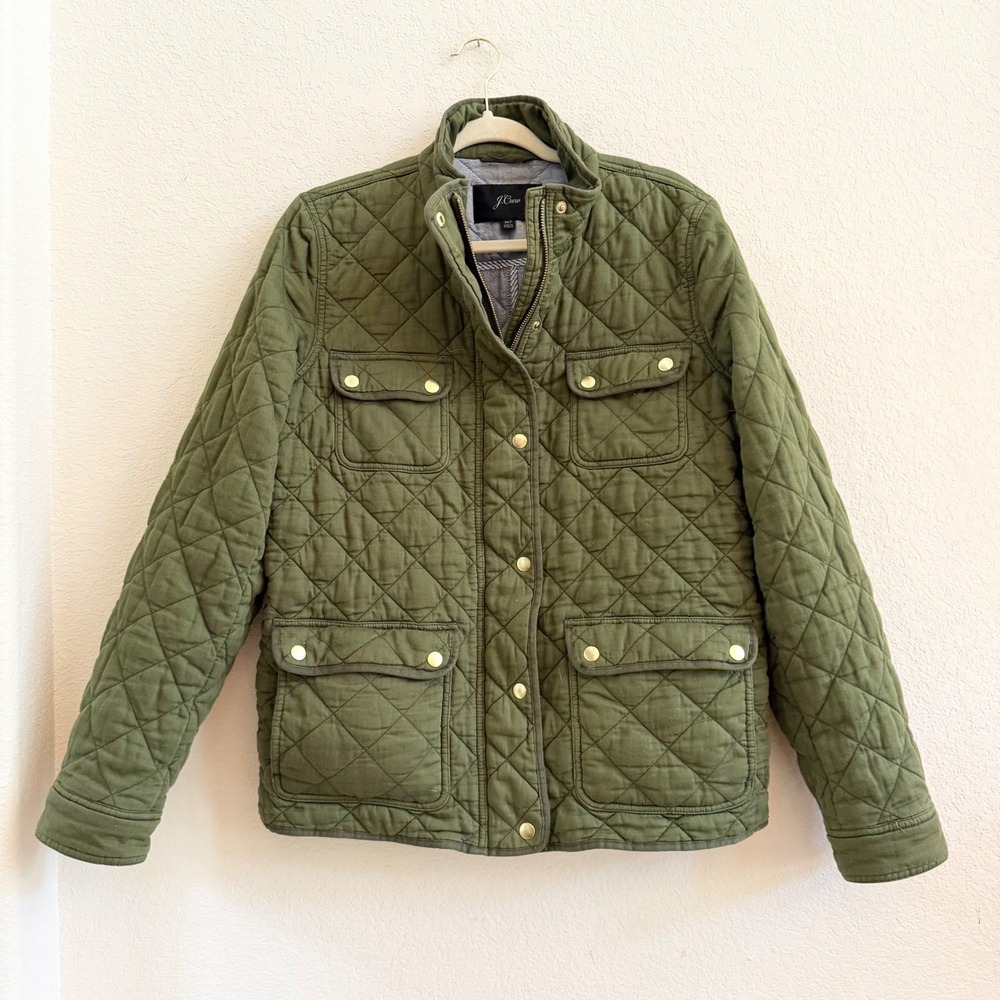 J.Crew Womens Olive Green Quilted Field Barn Jacket XLT Cotton Gold Snaps - Picture 6 of 15